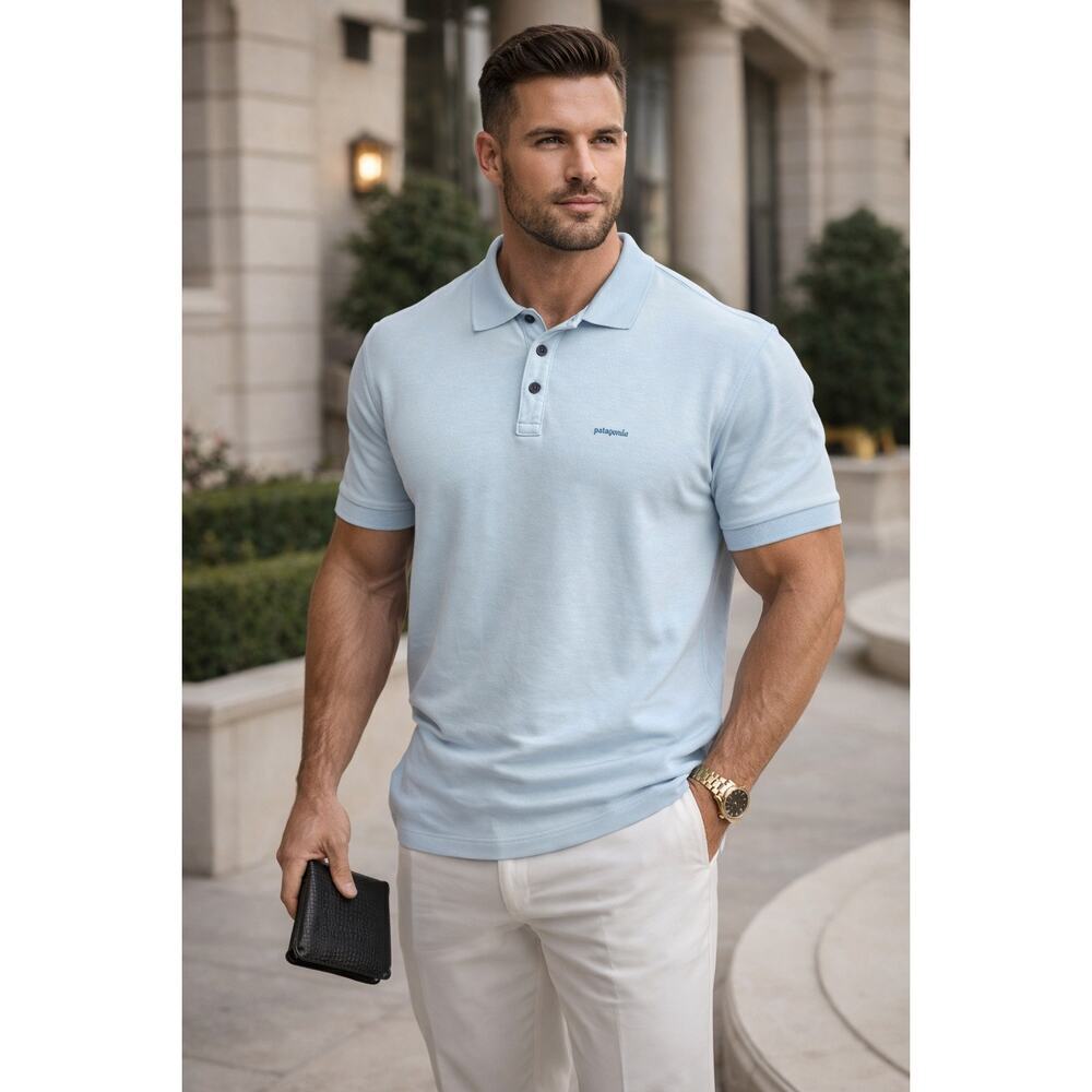 Patagonia Organic Cotton Short Sleeve Collared Polo Shirt Light Blue Men's Large